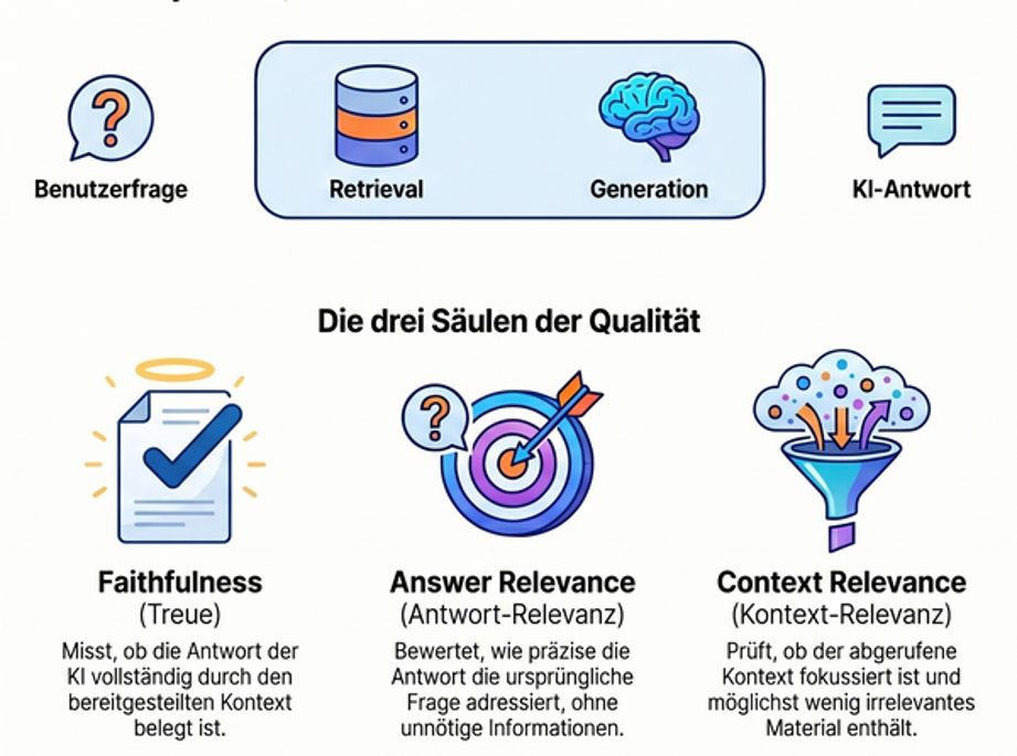 Schematische Darstellung der vier RAGAS-Kernmetriken Faithfulness, Answer Relevance, Context Precision und Context Recall im Kontext eines Goldstandard-Testsets