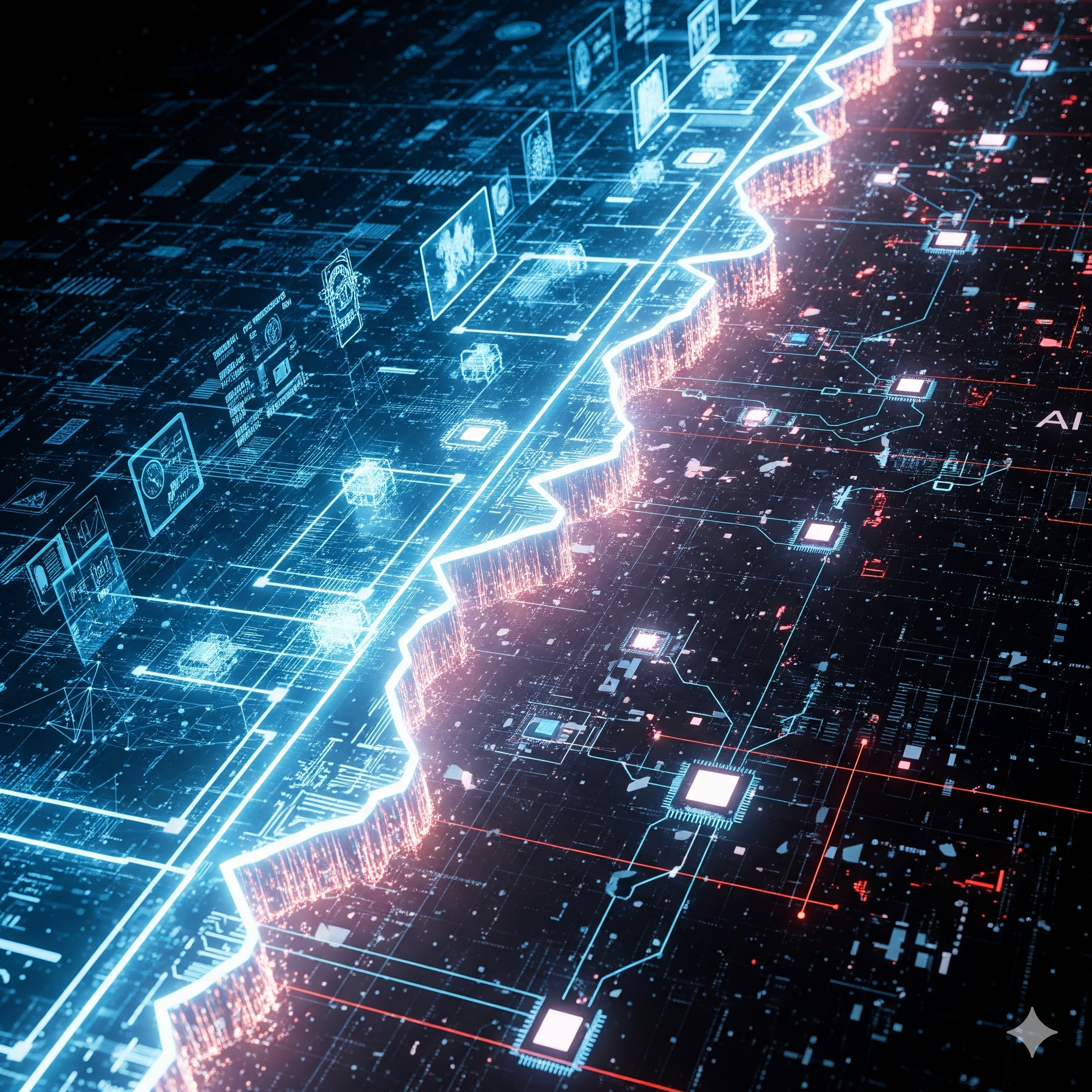Visualisierung der Jagged Frontier als zerklüftete Linie, die starke und schwache Fähigkeitsbereiche von KI-Systemen unregelmäßig trennt