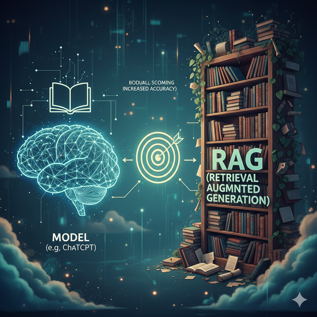 Bildhafte Darstellung von Retrieval-Augmented Generation als Bücherregal, aus dem ein KI-Assistent vor der Antwort nachschlägt